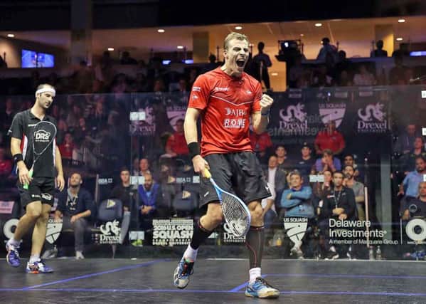 Nick Matthew celebrates during his second round win against Germany's Simon Rosner at the US Open. Picture: squashpics.com