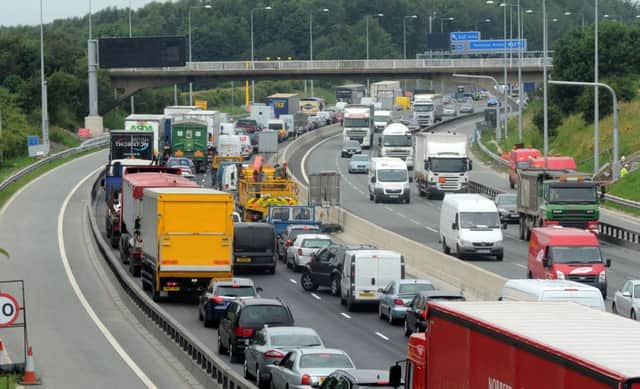 Traffic queueing on the M62 near the junction with the M606