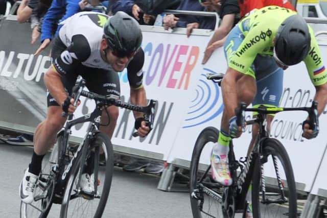 Adam Blythe holds off a challenge from Mark Cavendish (left) to claim his first ever national road race title at Stockton on Tees. (Picture: Tom Collins)