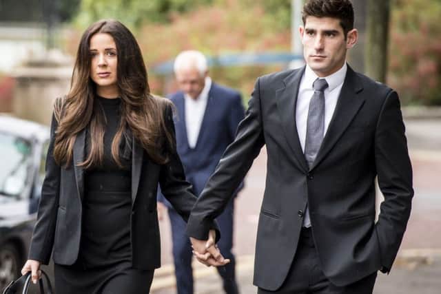 Ched Evans at Cardiff Crown Court with partner Natasha Massey
