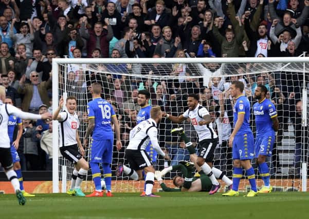 Derby County go 1-0 up against Leeds United at the iPro Stadium with a goal from Johnny Russell.  Picture: Bruce Rollinson