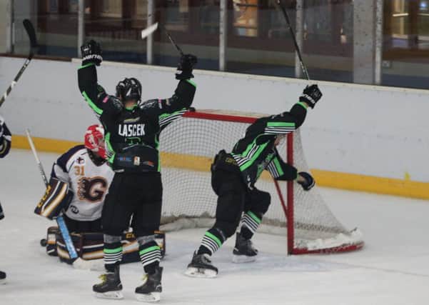 Hull Pirates celebrate one of their strikes against Guildford Flames. Picture courtesy of Hull Pirates.