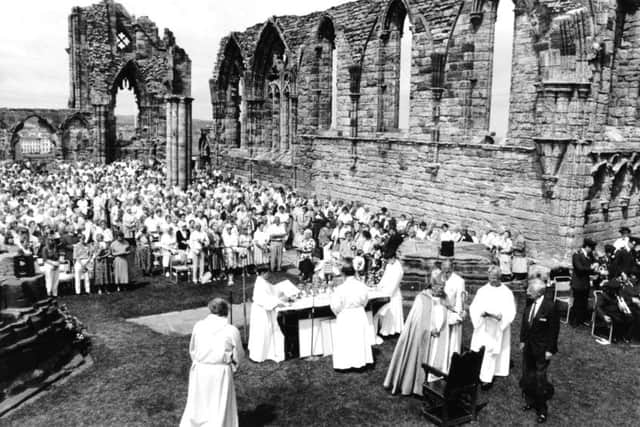 Whitby 5th July 1993Abbey Attraction; the start of the special commemorative service at Whitby Abbey on Saturday was delayed when a rush of people arrived in the grounds to swell the crowds to almost 1500.