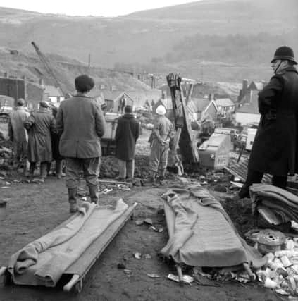 The scene at Aberfan, Glamorgan, after a man-made mountain of pit waste slid down onto Pantglas School and a row of housing killing 116 children and 28 adults.