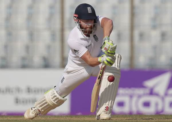 England's Jonny Bairstow plays a ball on the first day of their first cricket test match against Bangladesh in Chittagong, Bangladesh. (AP Photo/A.M. Ahad)