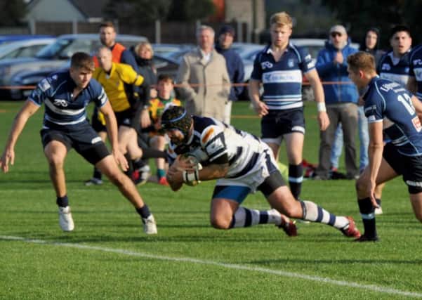 Rob O'Donnell scores his third try for Yorkshire Carnegie against Bedford Blues at Selby RUFC.