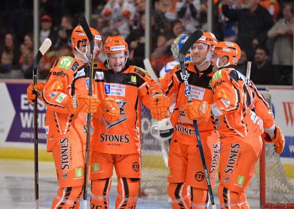 GOOD TIMES: Sheffield Steelers celebrate Levi Nelson's goal against Fife Flyers on Saturday night. Picture: Dean Woolley.