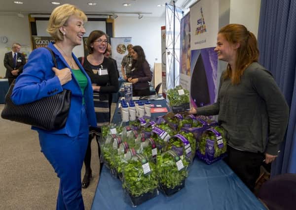Andrea Leadsom, Secretary of State for Environment, Food and Rural Affairs, chats to Rebecca Burge, from Living Salads, Ellerker, East Yorkshire, during her visit to the National Agri-Food Innovation Centre in Sand Hutton, York.  Picture: James Hardisty.