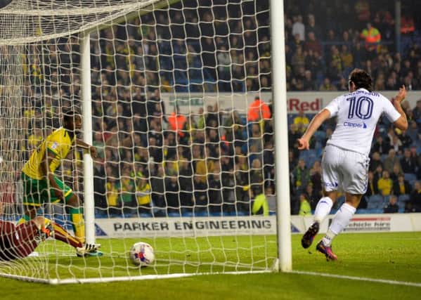 Marcus Antonsson slots in Leeds' equaliser against Norwich.  (Picture: Bruce Rollinson)