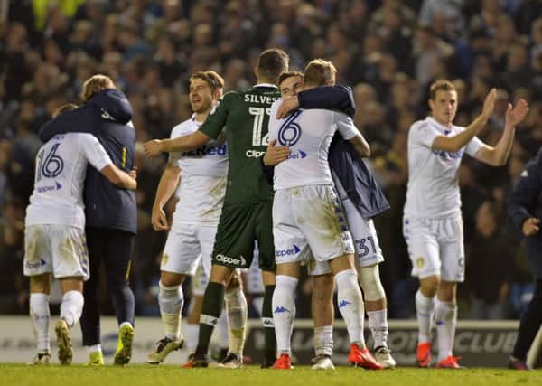 Leeds United celebrate their win after the penalty shootout win over Norwich City (Picture: Bruce Rollinson).