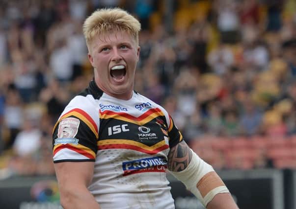 Bradford Bulls' Danny Addy celebrates after scoring a try during the Super League Qualifier match at the Provident Stadium. (Picture: Anna Gowthorpe)
