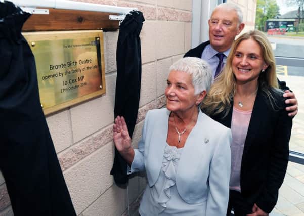 The parents of the late Jo Cox MP, Jean and Gordon Leadbeater, and her and sister her Kim unveil a plaque at the new Bronte Birth Centre.