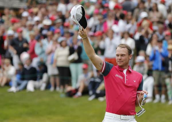 Danny Willett celebrates winning the European Masters in Switzerland in 2015, one of four wins during his glorious rise over the past two years. (Peter Klaunzer/Keystone via AP)
