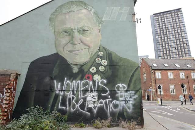 Rocket01's defaced David Attenborough portrait on Charles Street. A message accusing someone of the vandalism has been blurred out in the right corner