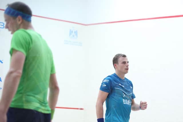 Sheffield's Nick Matthew, right, on his way to beating New Zealand's Campbell Grayson in the first round in Cairo. Picture courtesy of PSA.