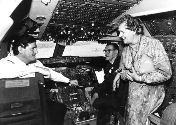 Captain Mike Webster shows his parents William and Norah Webster the flight deck of a jumbo - the first to take off from Leeds Bradford Airport - in November 1984.