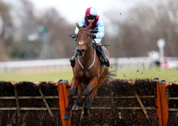 Ballyoptic ridden by Ryan Hatch jumps the last to win The Betfred 'Racing's Biggest Supporter' National Hunt Novices Hurdle Race during the Betfred Midlands Grand National Day at Uttoxeter Racecourse.