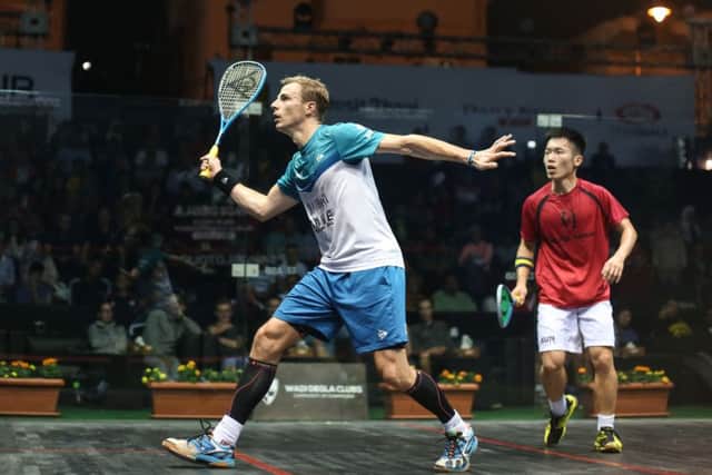Nick Matthew gets in a forehand smash against Leon Au in Cairo. Picture courtesy of PSA.