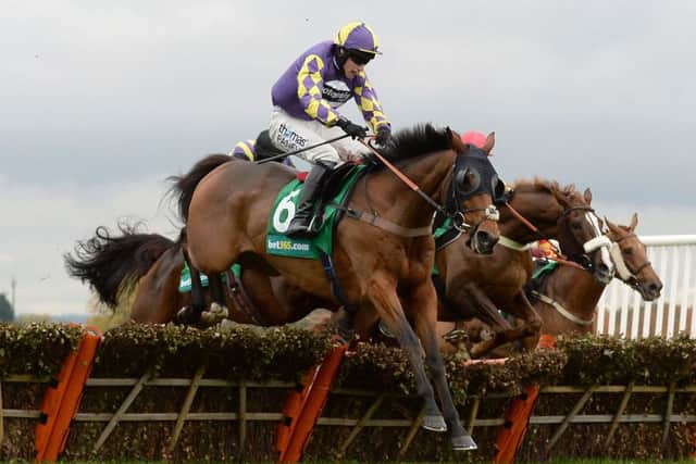 Silsol ridden by Jack Sherwood clears the last hurdle to win the bet365 Hurdle Race at Wetherby. Picture: Anna Gowthorpe/PA