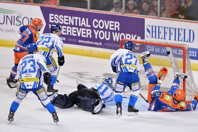 SLOTTING HOME: Colton Fretter scores against Coventry Blaze in Saturday night's 9-5 win. Picture: Dean Woolley.