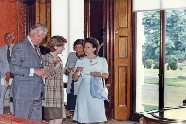 Brodsworth Hall opening with Princess Margaret talking  to Curator Caroline Carr Whitworth 5-7-1995