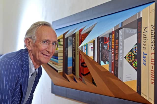 Former lecturer at Leeds College of Art, Patrick Hughes with his optical illusional artwork exhibited at Leeds College of Art.  Picture: Tony Johnson.
