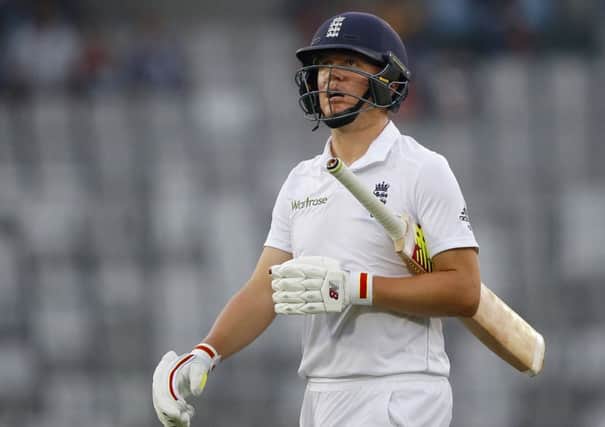 England's Gary Ballance walks back to the pavilion after his dismissal by Bangladesh's Mehedi Hasan Miraz during the first day of the second Test match in Dhaka. Picture: AP/ A.M. Ahad.