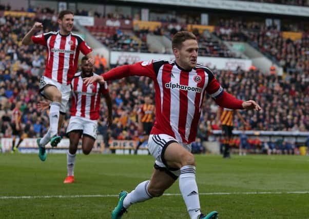 Billy Sharp of Sheffield Utd celebrates his second goal during the Yorskhrie derby against Bradford City earlier this month. Pic Simon Bellis/Sportimage