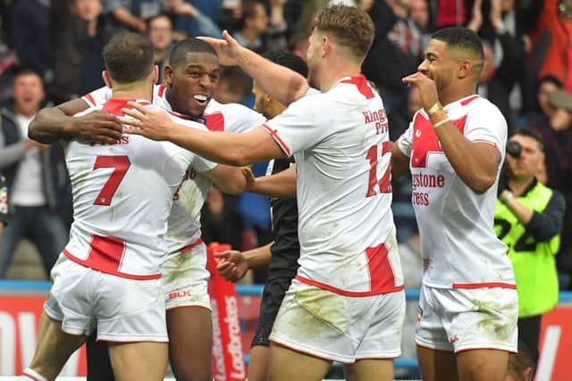 England's Jermaine McGillvary is congratulated on scoring against New Zealand on Saturday (Picture: Dave Howarth/PA Wire).