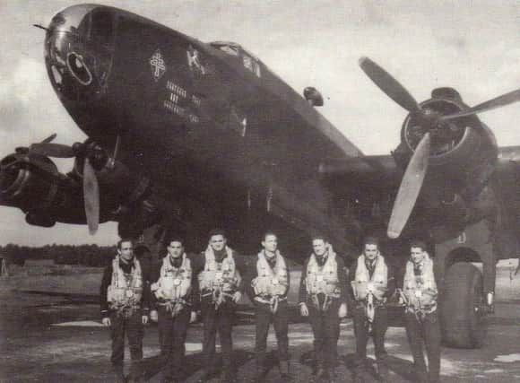 Halifax NA 121 H7- D and crew: L-R Pilot Adjutant. R. Guise (killed in action);  Commander Lt. Maurice Dabadie (killed in action); Sous Lt. Alfred Pothuau (killed in action); Sgt. A. Alavoine (PoW); Sgt. Henro Lelong (killed in action);  Sgt. Jacques Vautard (PoW); Sgt. Marcel Vega (killed in action).