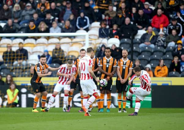 Stoke City's Xherdan Shaqiri scores his side's second goal at the KCOM Stadium in the recent win over hosts Hull City. Picture: Danny Lawson/PA
