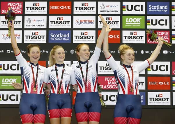 Great Britain's (from left to right) Manon Lloyd, Eleanor Dickinson, Emily Nelson and Emily Kay on the podium.