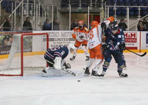 MISSING: Sheffield Steelers' Mathieu Roy watches as the puck slides away from the Dundee Stars goal on a frsutrating night in Scotland. Picture courtesy of Dundee Stars.