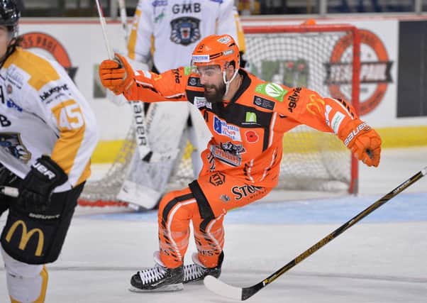 Mathieu Roy got on the scoresheet in the 14th minute as Sheffield Steelers went on to beat Nottingham Panthers 8-1 on Saturday night. Picture: Dean Woolley.