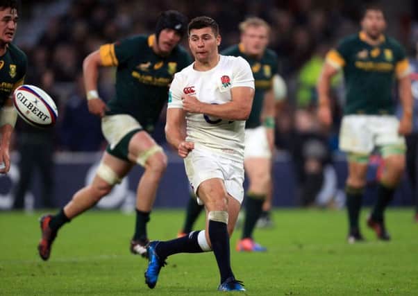 England's Ben Youngs passes to Owen Farrell to score his side's fourth try.