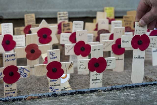 13th November 2016. Picture James Hardisty.
The Leeds Civic Observance of Remembrance Sunday held at the War Memorial Victoria Gardens, Leeds. Pictured Wooden poppies in remembrance of those who have fallen.