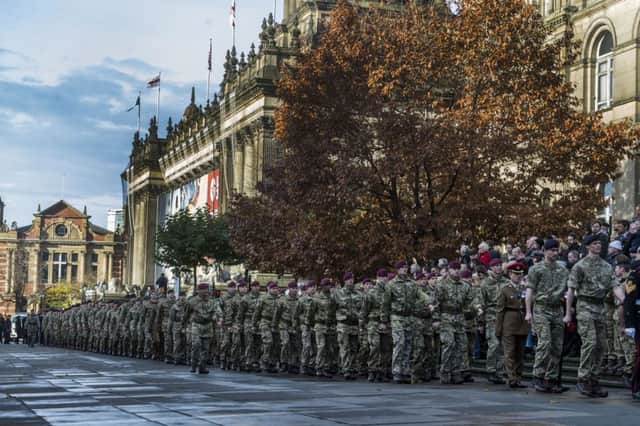 Date: 13th November 2016. Picture James Hardisty.
The Leeds Civic Observance of Remembrance Sunday held at the War Memorial Victoria Gardens, Leeds. Pictured Servicemen arriving for the start of the service.