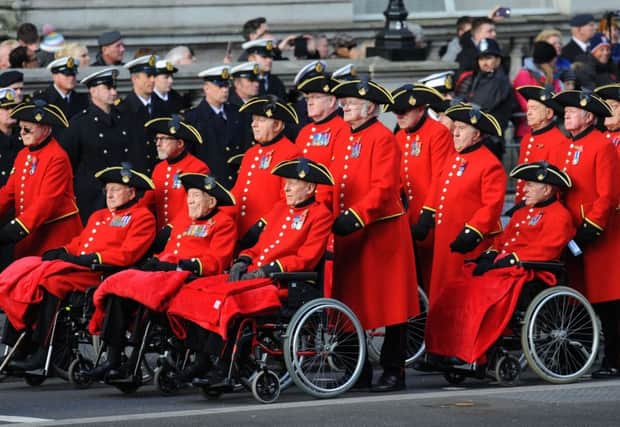 Veterans parade during the annual Remembrance Sunday Service at the Cenotaph memorial in Whitehall