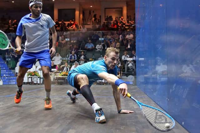 Nick Matthew battles against wildcard entrant Abdulla Mohd Al Tamimi in the first round of the Qatar Cklassic. Picture courtesy of squashpics.com/PSA.