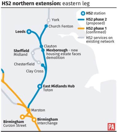The preferred route for the northern extension of HS2 and the locatation in Mexborough where a new housing estate faces demolition.