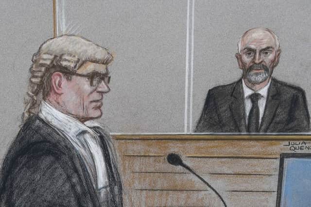 Richard Whittam QC, prosecuting, questions Thomas Mair in a court artist's drawing during the murder trial at the Old Bailey. Picture: SWNS
