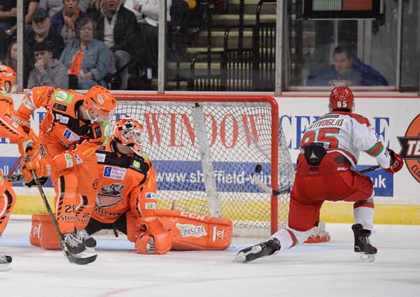 KILLER BLOW: Cardiff's
 Sean Bentivoglio during his side's 5-2 win in Sheffield last month. Picture: Dean Woolley.