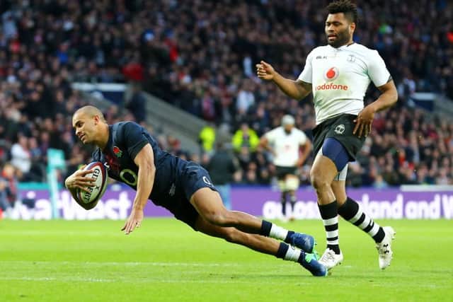 Jonathan Joseph's scores England's seventh try in the rout of Fiji. (Picture: PA)
