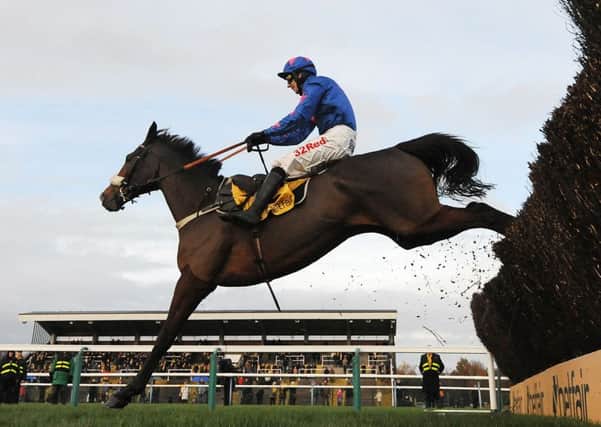 Winner: Cue Card ridden by Paddy Brennan clears the final fence to win the Betfair Steeple Chase during Betfair Chase day at Haydock. (Picture: PA)