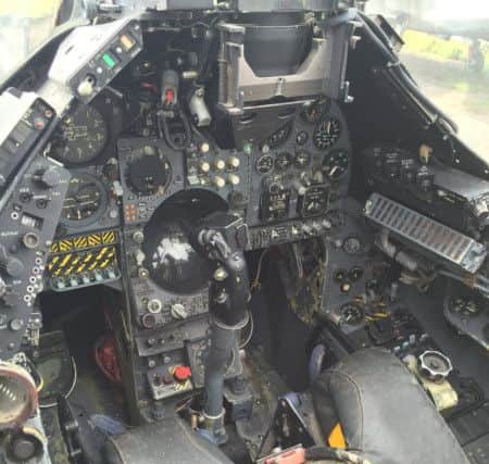 Inside the cockpit of the Harrier Jump Jet which was flown in Germany during the Cold War.