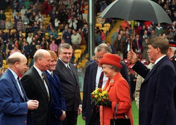 Bradford City manager Stuart McCall, third from left, seen with the late Bobby Campbell on his left in 1997 when the Queen opened a new stand at Valley Parade (Picture: Bruce Rollinson).