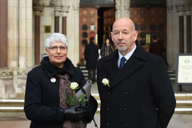 Anti-fracking campaigners Reverend Jackie Cray and David Davis outside the Royal Courts of Justice in London, where they are challenging one of the first planning applications to carry out fracking in England.  PIC: PA