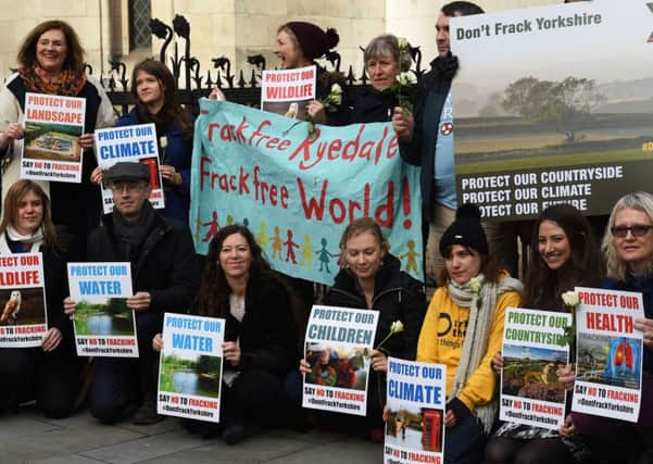 Residents of Kirby Misperton in Ryedale, North Yorkshire, join anti-fracking campaigners outside the Royal Courts of Justice in London, where they are challenging one of the first planning applications to carry out fracking in England. PIC: PA