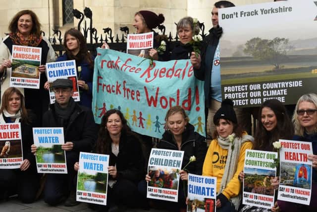 Residents of Kirby Misperton in Ryedale, North Yorkshire, join anti-fracking campaigners outside the Royal Courts of Justice in London, where they are challenging one of the first planning applications to carry out fracking in England. PIC: PA