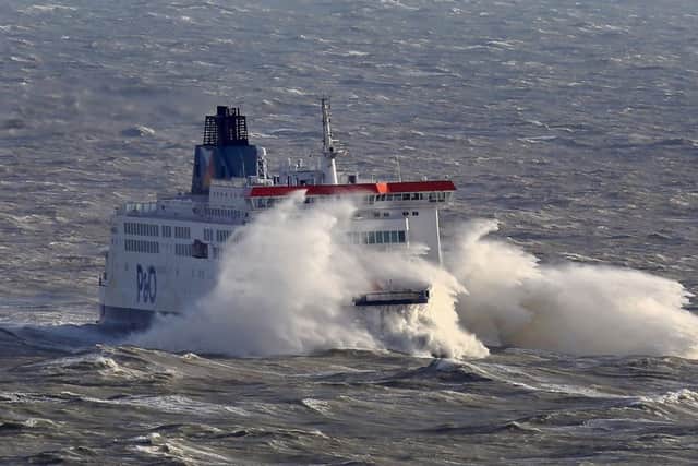 The P&O Pride of Canterbury ferry arrives at the Port of  Dover in Kent, as heavy rain, strong winds and flash flooding have brought widespread disruption